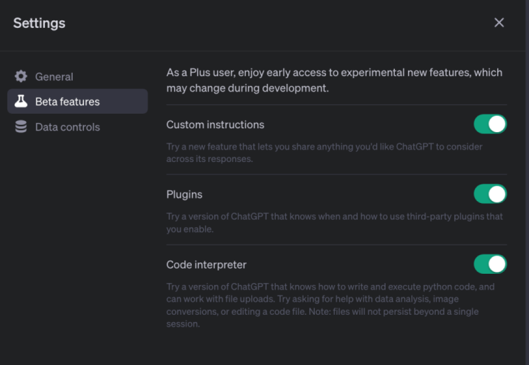 A screenshot of ChatGPT's Beta Settings menu.
