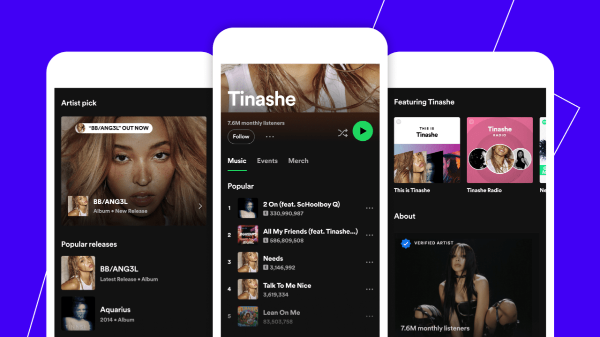 Spotify's new artist profiles highlight music, Stories, merch and events