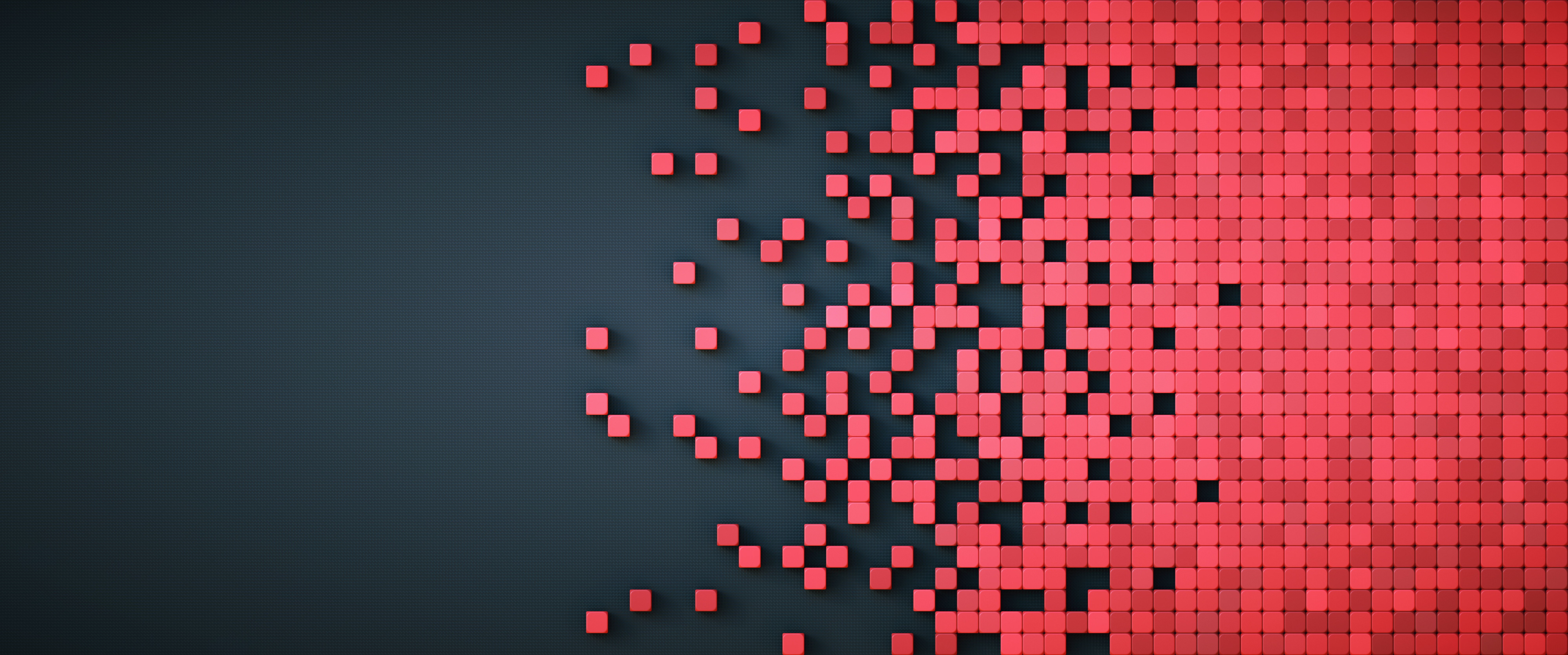 Pixelated data representation with red physical cube shapes on a black artificial background, tile-able composition
