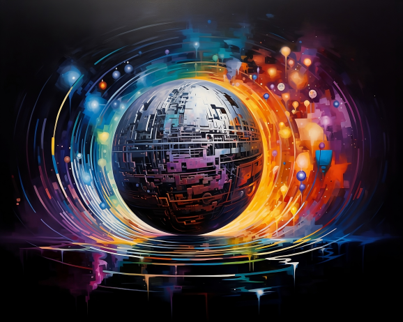 Abstract painting of a crystal ball making predictions with computer code.