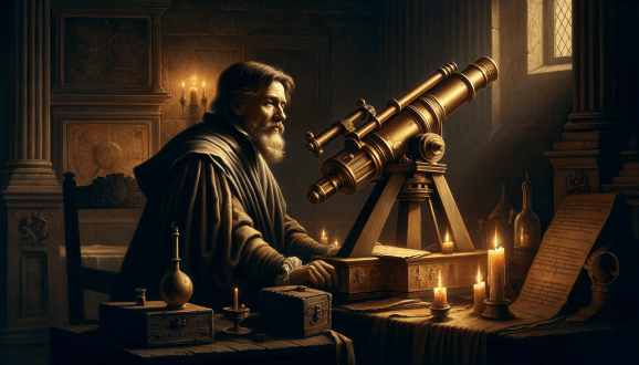 Galileo looks through a telescope in a Medieval-style digital artwork.