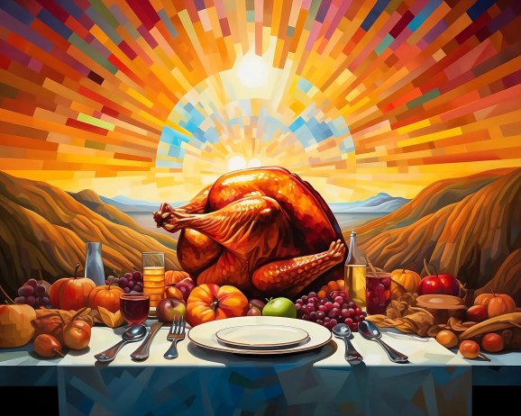Abstract painting of Thanksgiving dinner and world peace.