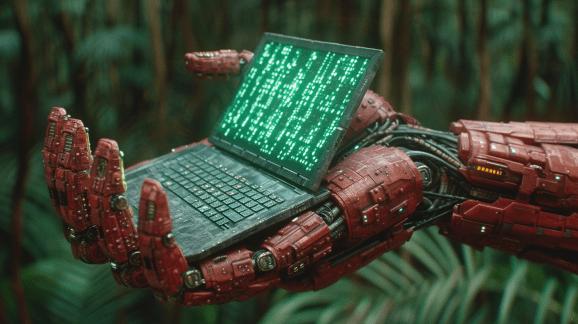 Red robotic brick hand holds a laptop displaying glowing green computer code.