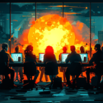 A group of office workers in silhouette seated around a table with a glowing orange fireball in the middle.