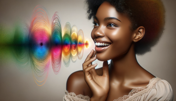 An African American woman with dark hair puts her fingers up to her lips as she smiles and speaks with colorful sound waves radiating out from her mouth to the left