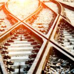 Closeup of intersecting railroad tracks in a train yard