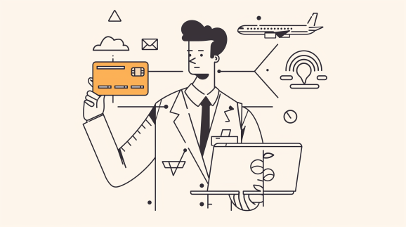 AI line art with beige color scheme showing a masculine figure with dark hair holding a card and laptop amid icons of lightbulb and airplane