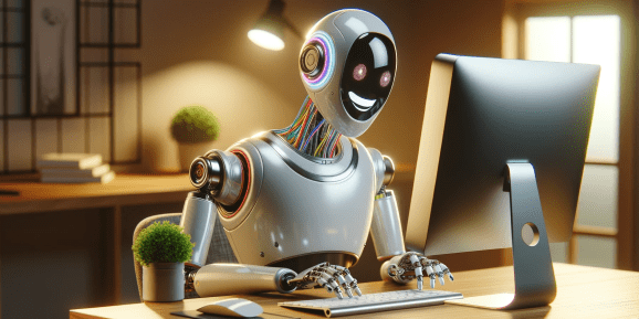 A laughing robot types on a silver desktop computer in a wood furnished modern home office.